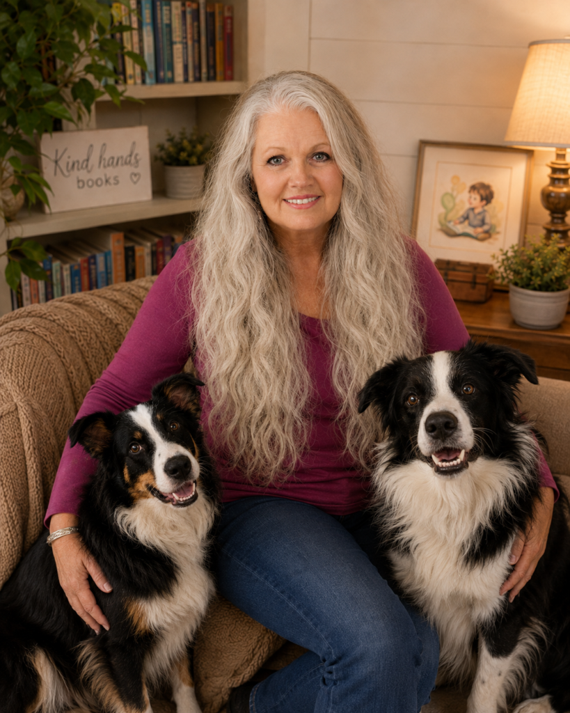 Meet the Author! This is Wynter Rowan, the author behind Kind Hands Books. She is pictured with her two Border Collies, Freya and Angus.
